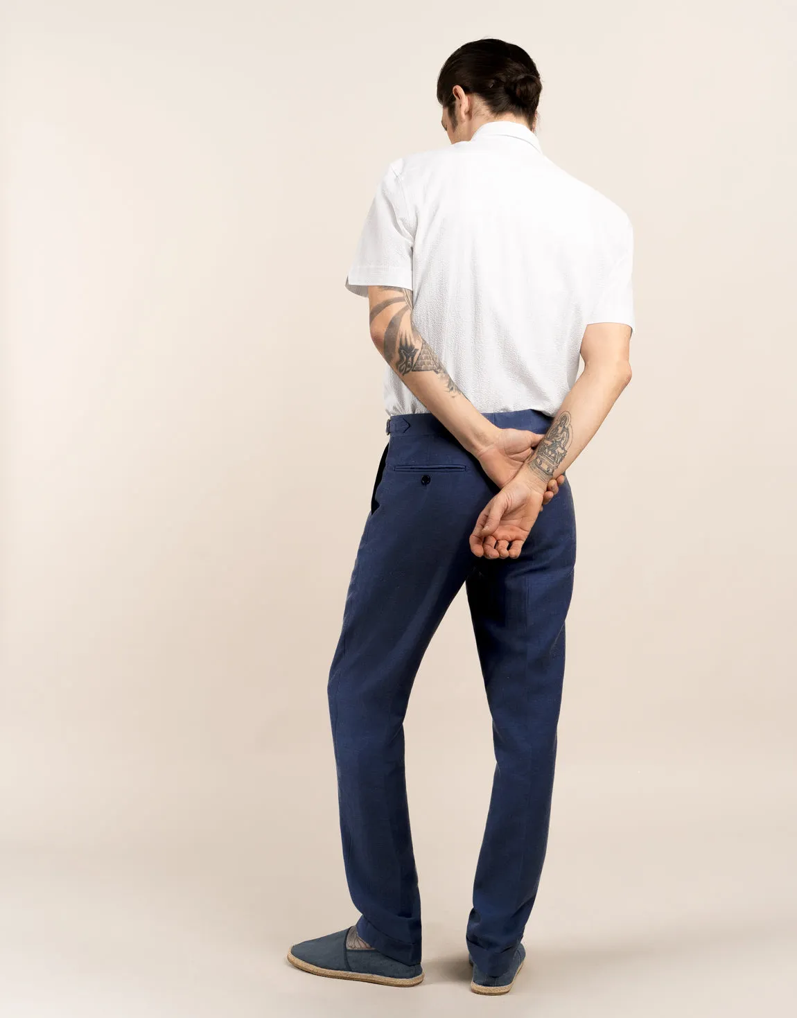 Evans Denim Blue Linen-Wool Blend Twill Trouser FlexibleKneePanels Basic Look