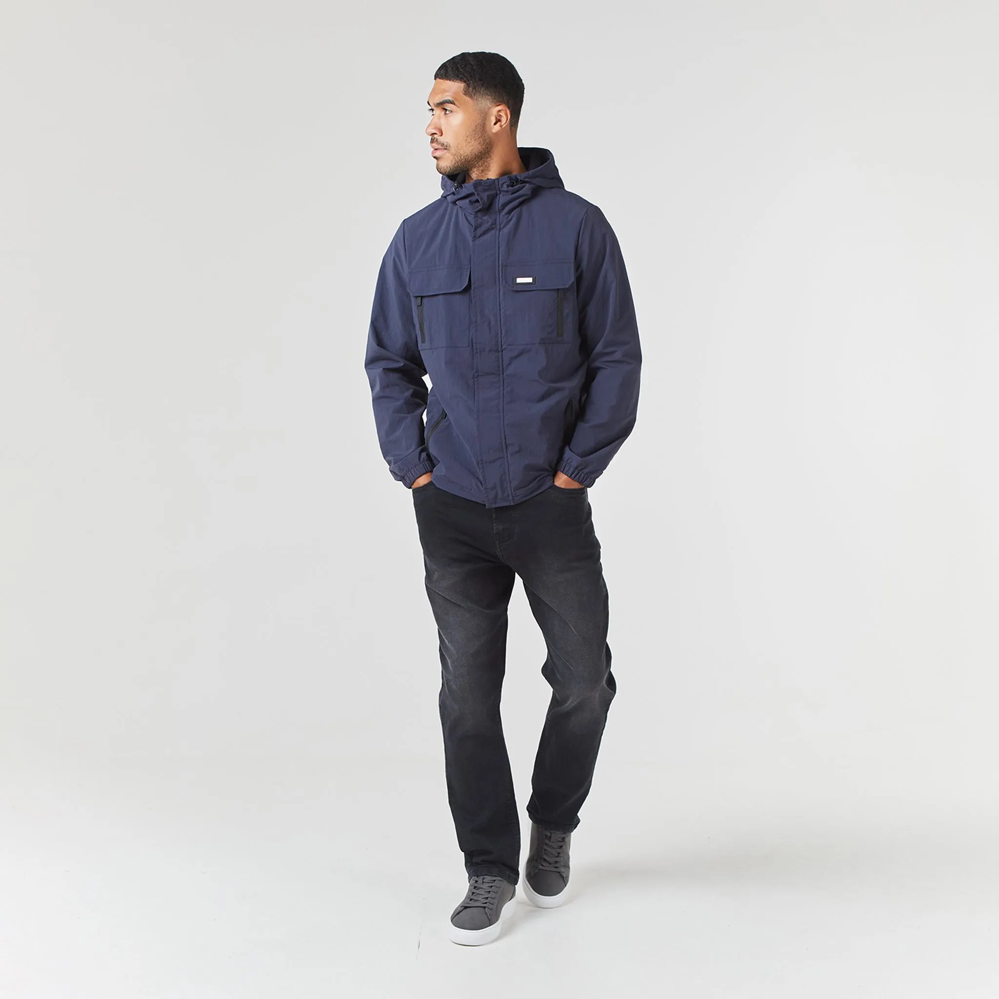 HighNeckDesign Breathable Lining Design Tech Utility Jacket | Navy