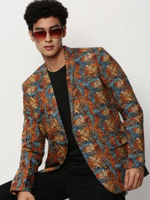 Men's Orange Animal Printed Slim-Fit Notched Lapel Collar Single Cotton Breasted Blazer Slip Resistant Grip