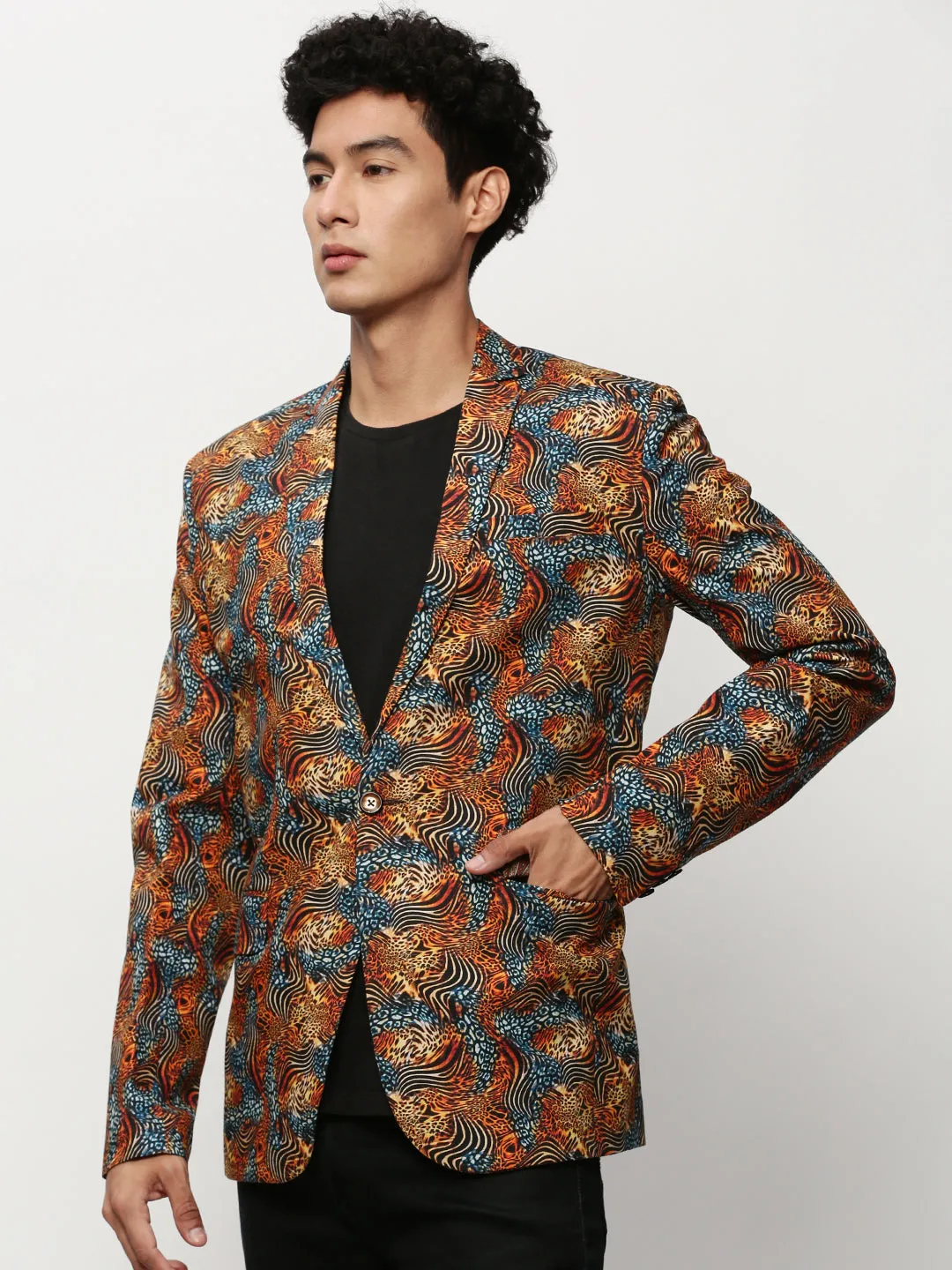 Reinforced Seams Men's Orange Animal Printed Slim-Fit Notched Lapel Collar Single Cotton Breasted Blazer