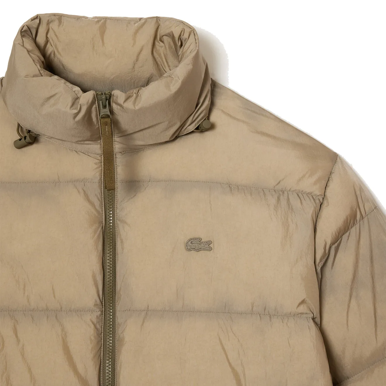 Lacoste Short Showerproof Puffer Jacket Khaki Green ripstop fabric