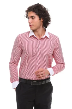 Non-Iron Red Button Down Stripe Dress Shirt With Classic Collar