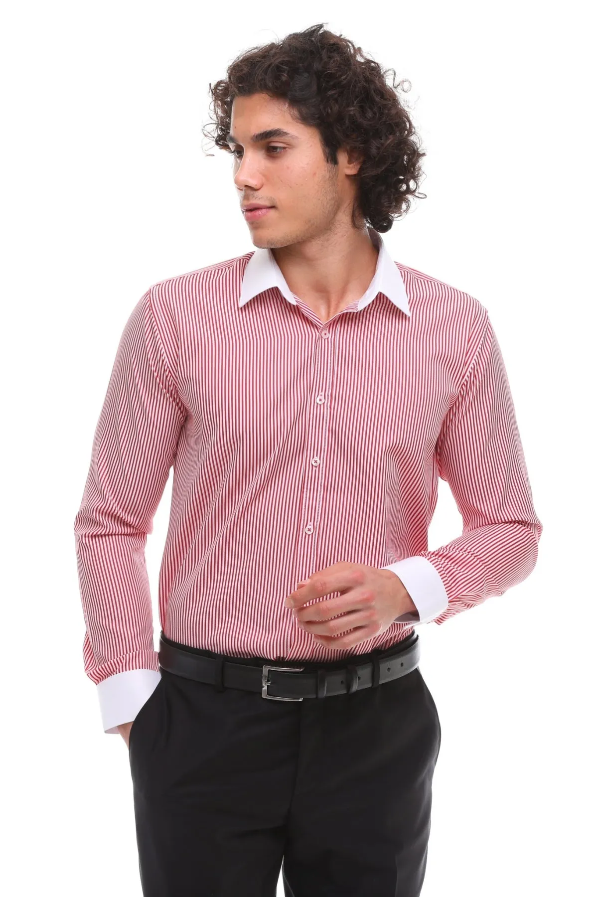 Sleek Silhouette Red Button Down Stripe Dress Shirt With Classic Collar