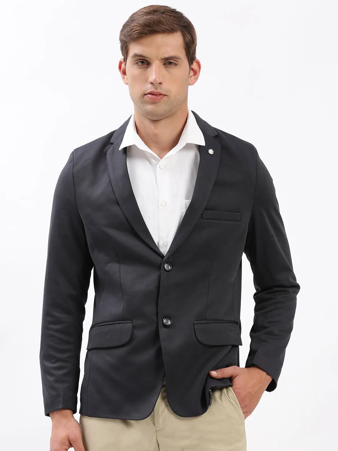 Layer Essential Piece Men's Charcoal Slim Fit Notched Lapel Single-Breasted Casual Blazer