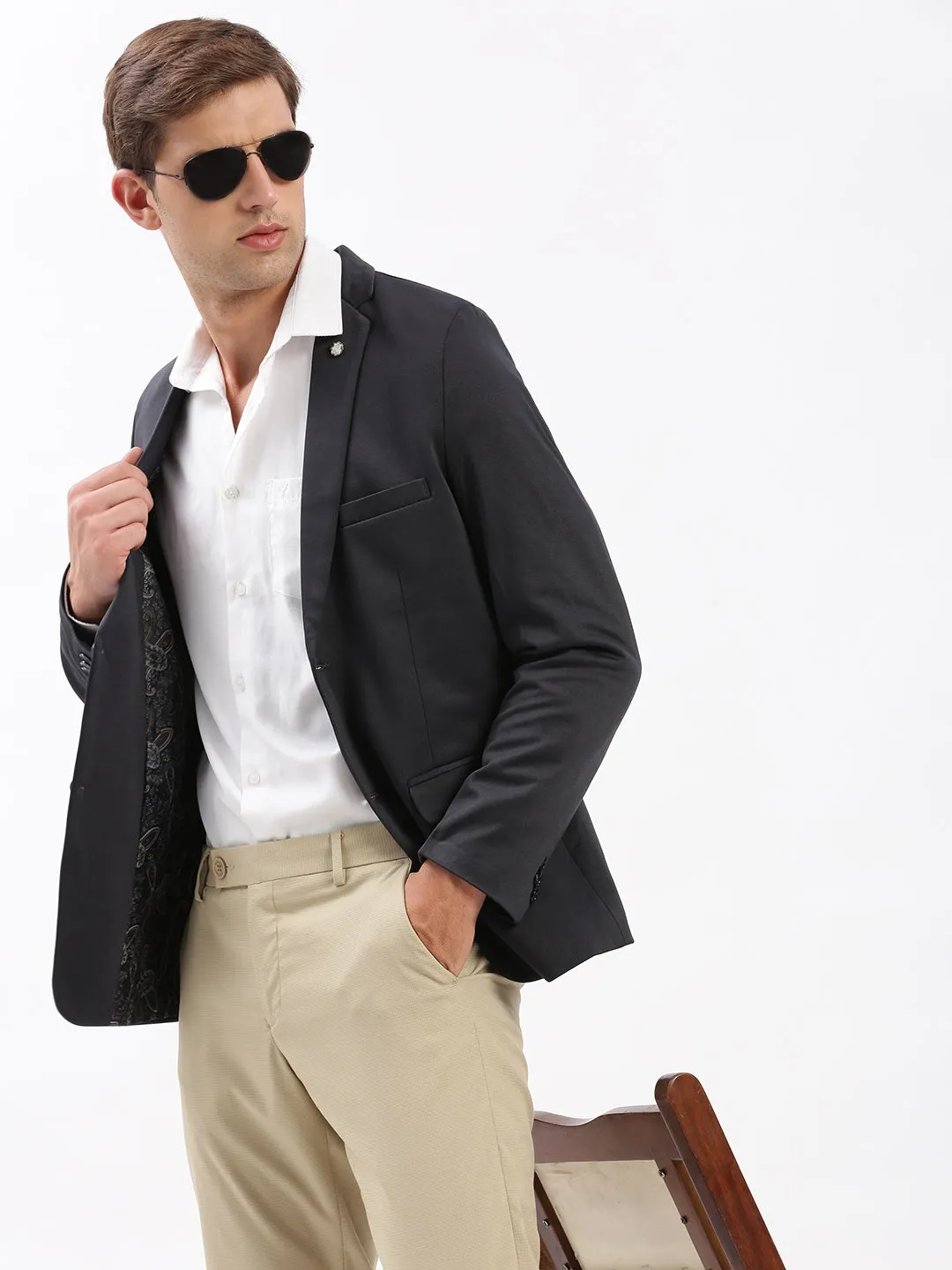 Men's Charcoal Slim Fit Notched Lapel Single-Breasted Casual Blazer Stretch Weave Fabric