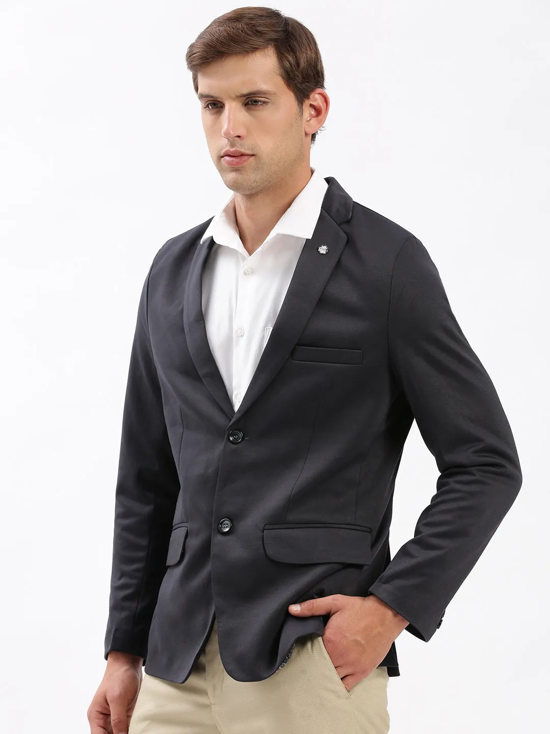 Men's Charcoal Slim Fit Notched Lapel Single-Breasted Casual Blazer Abrasion Resistant Trim