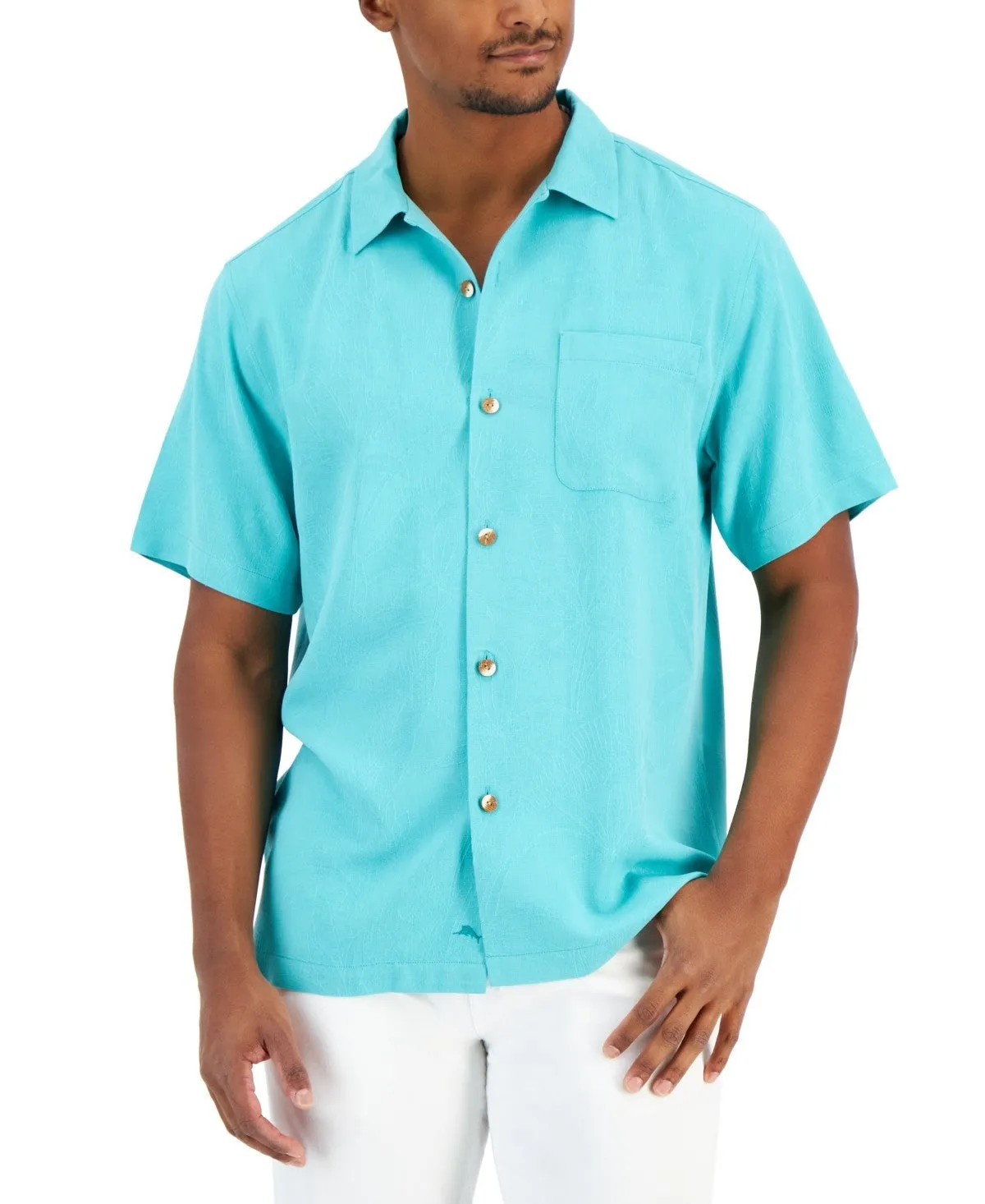 Breathable mesh Neutral Toned Stitching Tommy Bahama Al Fresco Tropics Shirt MensAtlantis Teal Silk Button-Up FTS200