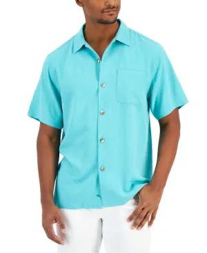 Breathable mesh Neutral Toned Stitching Tommy Bahama Al Fresco Tropics Shirt MensAtlantis Teal Silk Button-Up FTS200