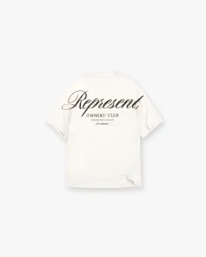 Represent Owners Club Script T-Shirt - Flat White Flexible Comfort Chill Design