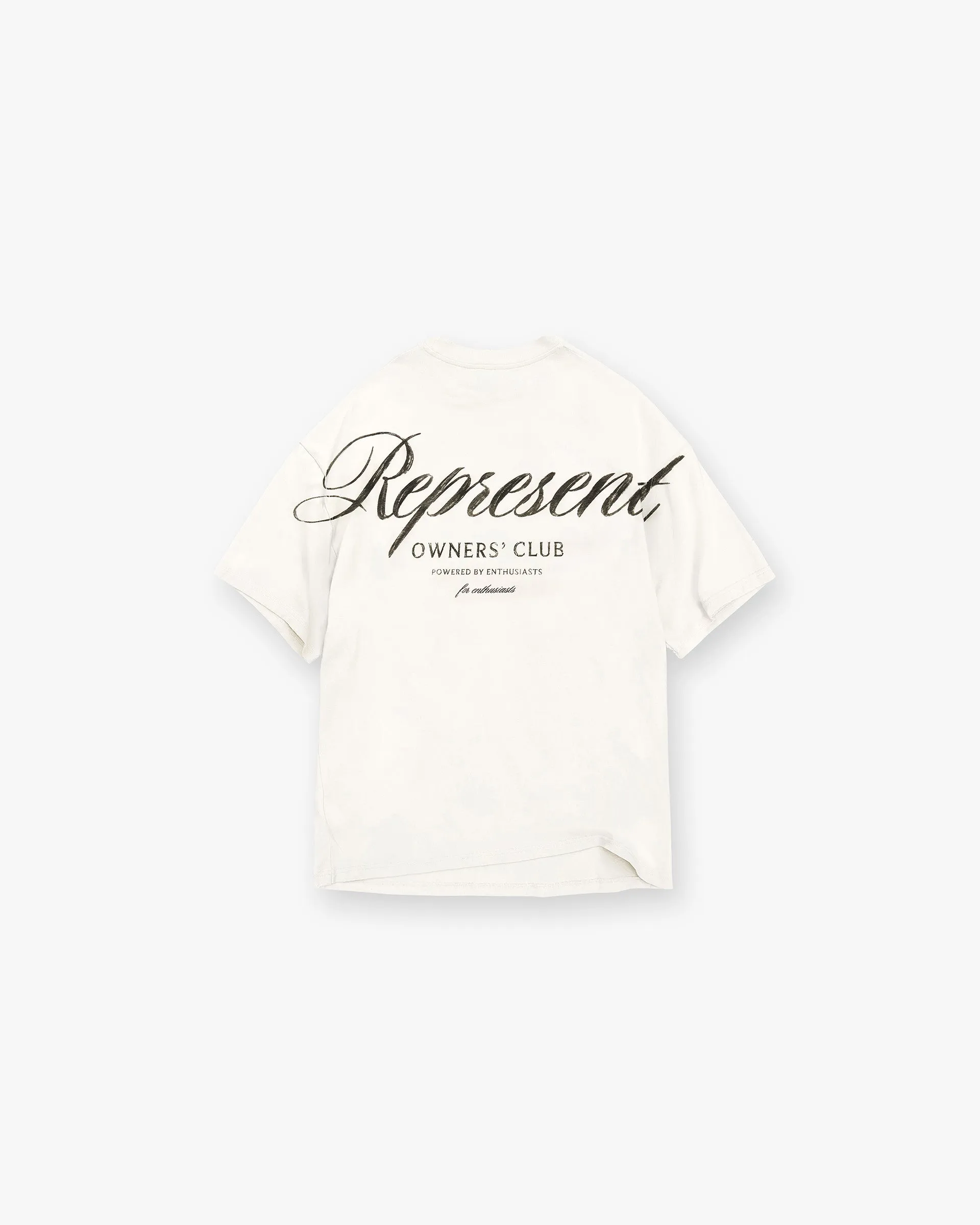 Represent Owners Club Script T-Shirt - Flat White Flexible Comfort Chill Design