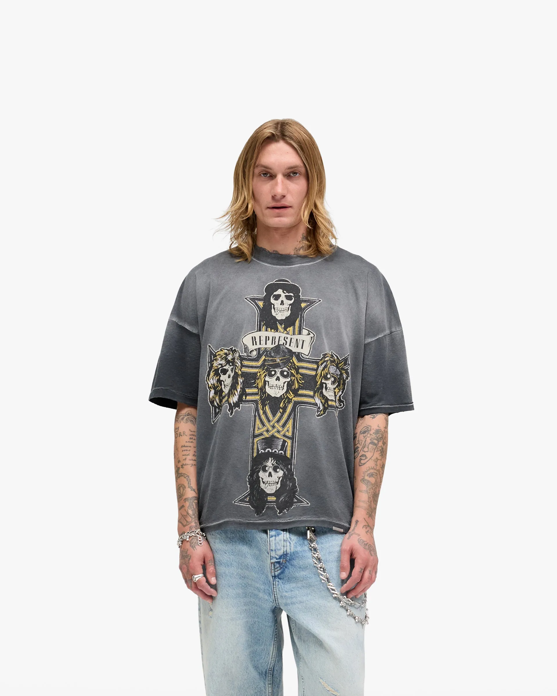 Represent X Guns N' Roses Cross T-Shirt - Stained Black Versatile Style Trend Classic Trend Look