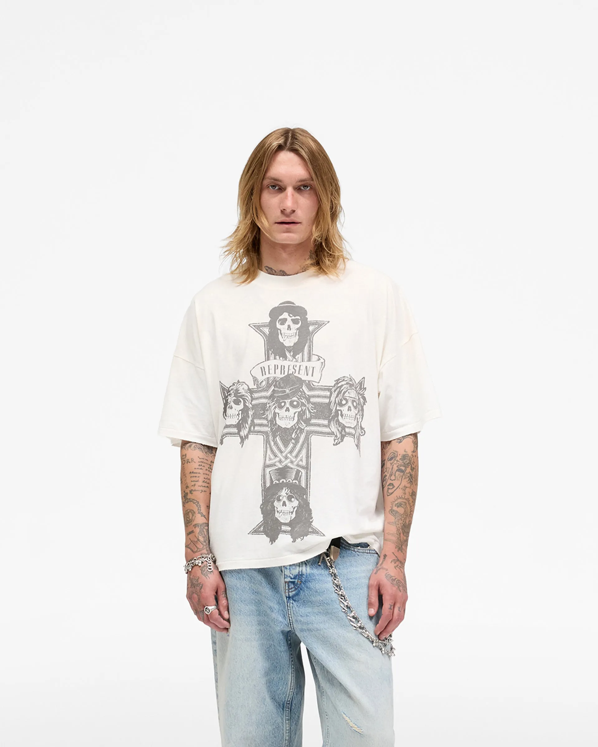 ZeroWaste Production Active Fashion Represent X Guns N' Roses Cross T-Shirt - Washed Ecru