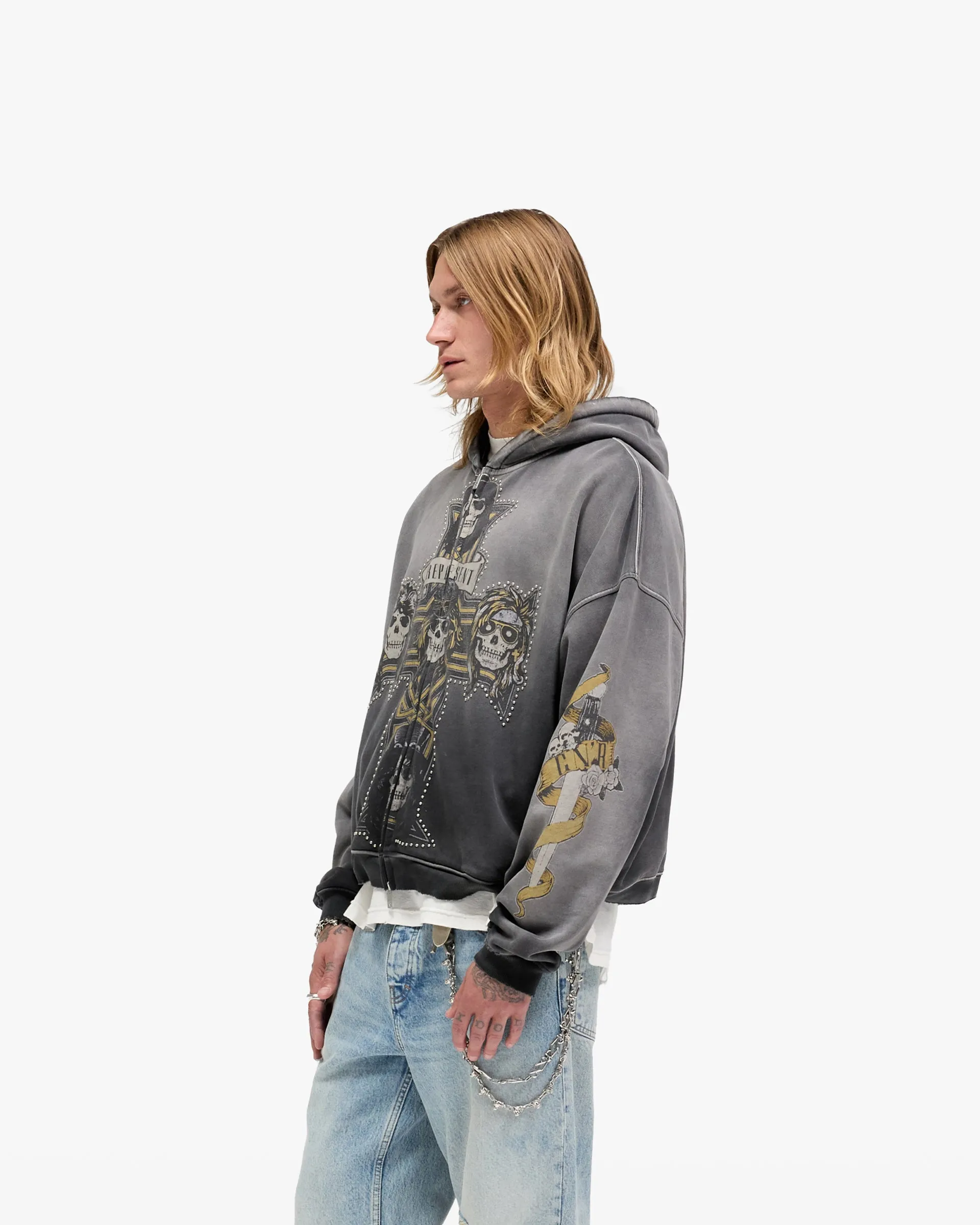 Represent X Guns N' Roses Cross Zip Through Hoodie - Stained Black Urban Bold
