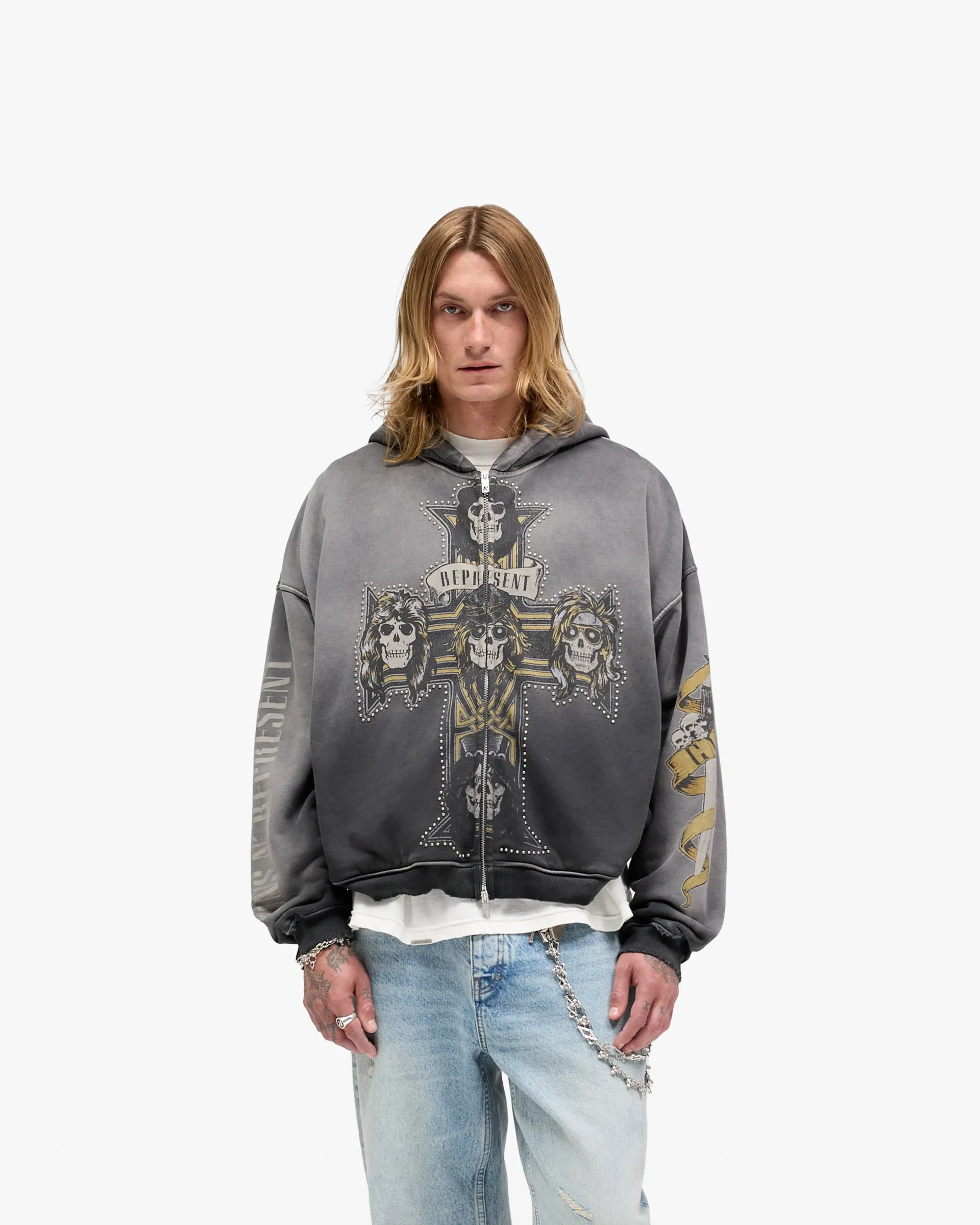 Fashion Wearable Represent X Guns N' Roses Cross Zip Through Hoodie - Stained Black