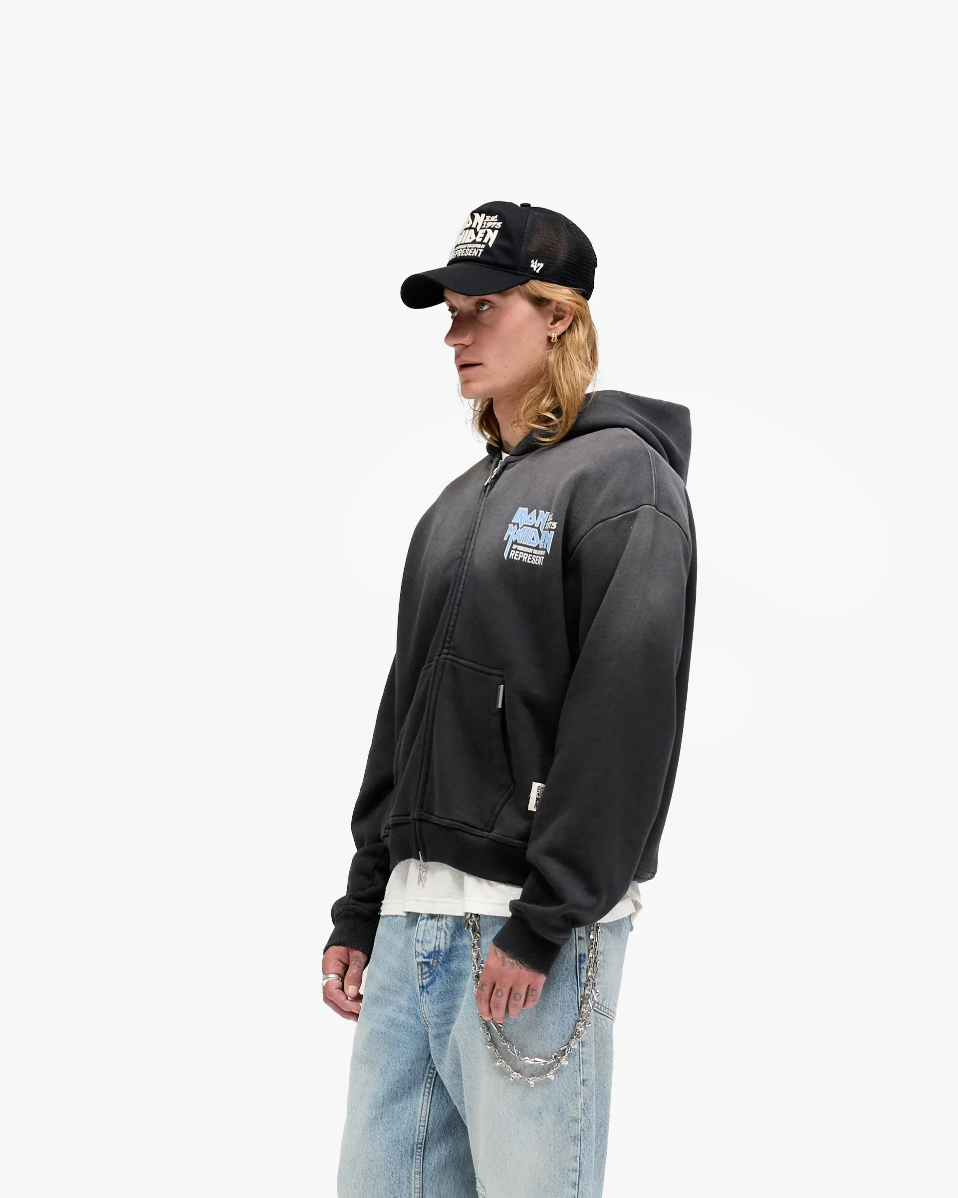 Go-To Layer Represent X Iron Maiden Anniversary Zip Through Hoodie - Stained Black