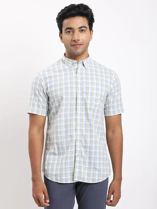 Neutral Tones Recycled Polyester Blend Men Checked Half Sleeve Cotton Shirt