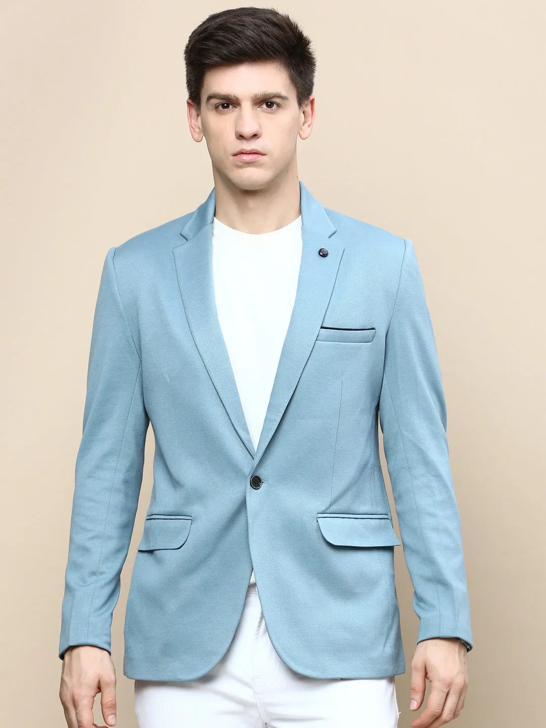Elasticized Waist Hidden Storage Compartments Men's Turquoise Blue Slim-Fit Single Breasted Cotton Blazer