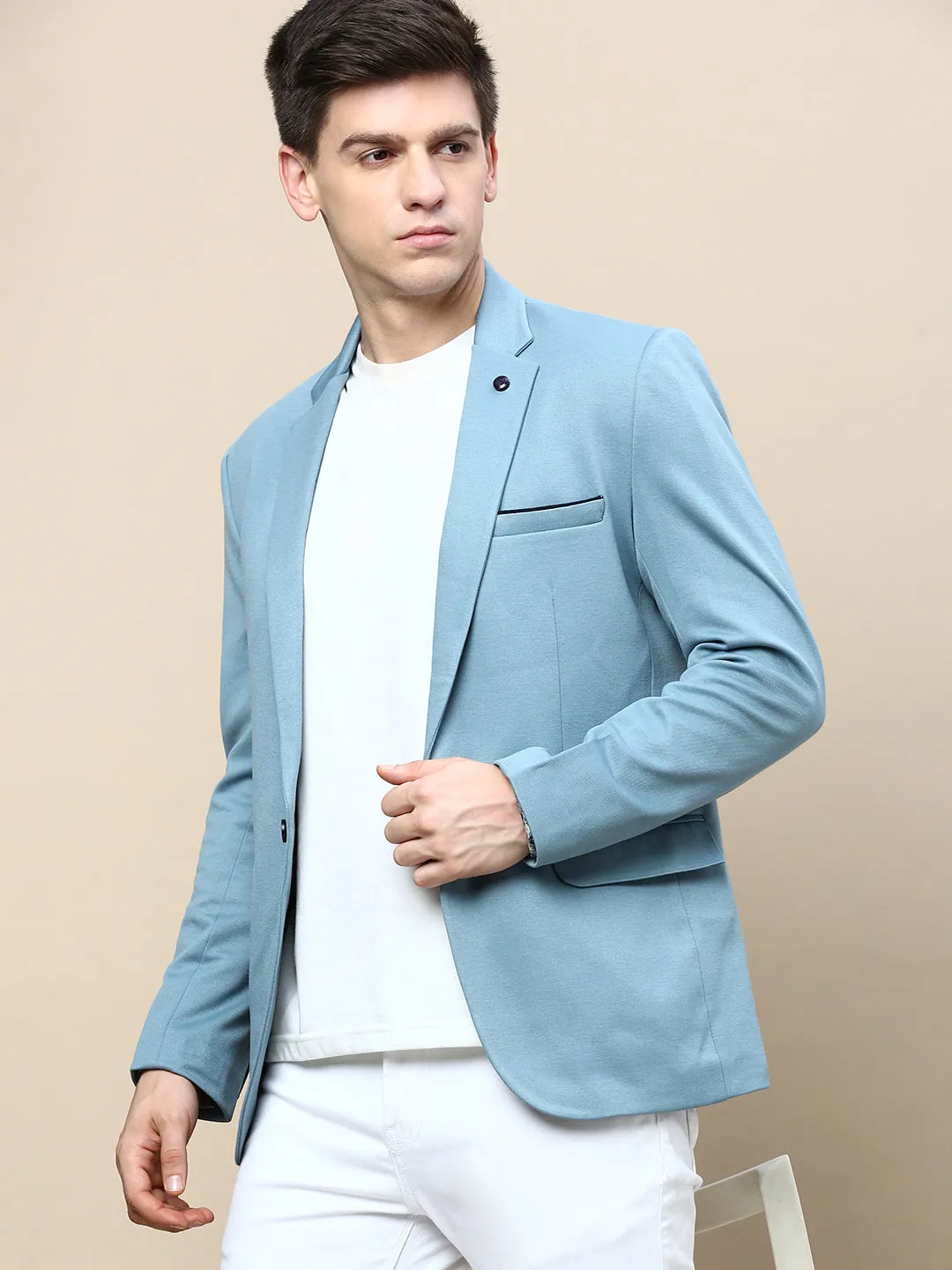 Neutral Fit Design Men's Turquoise Blue Slim-Fit Single Breasted Cotton Blazer