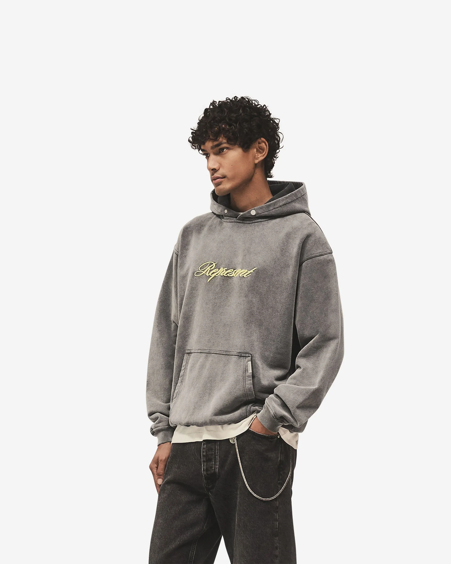 Script Logo Hoodie - Vintage Grey Side Pockets Effortless Comfort