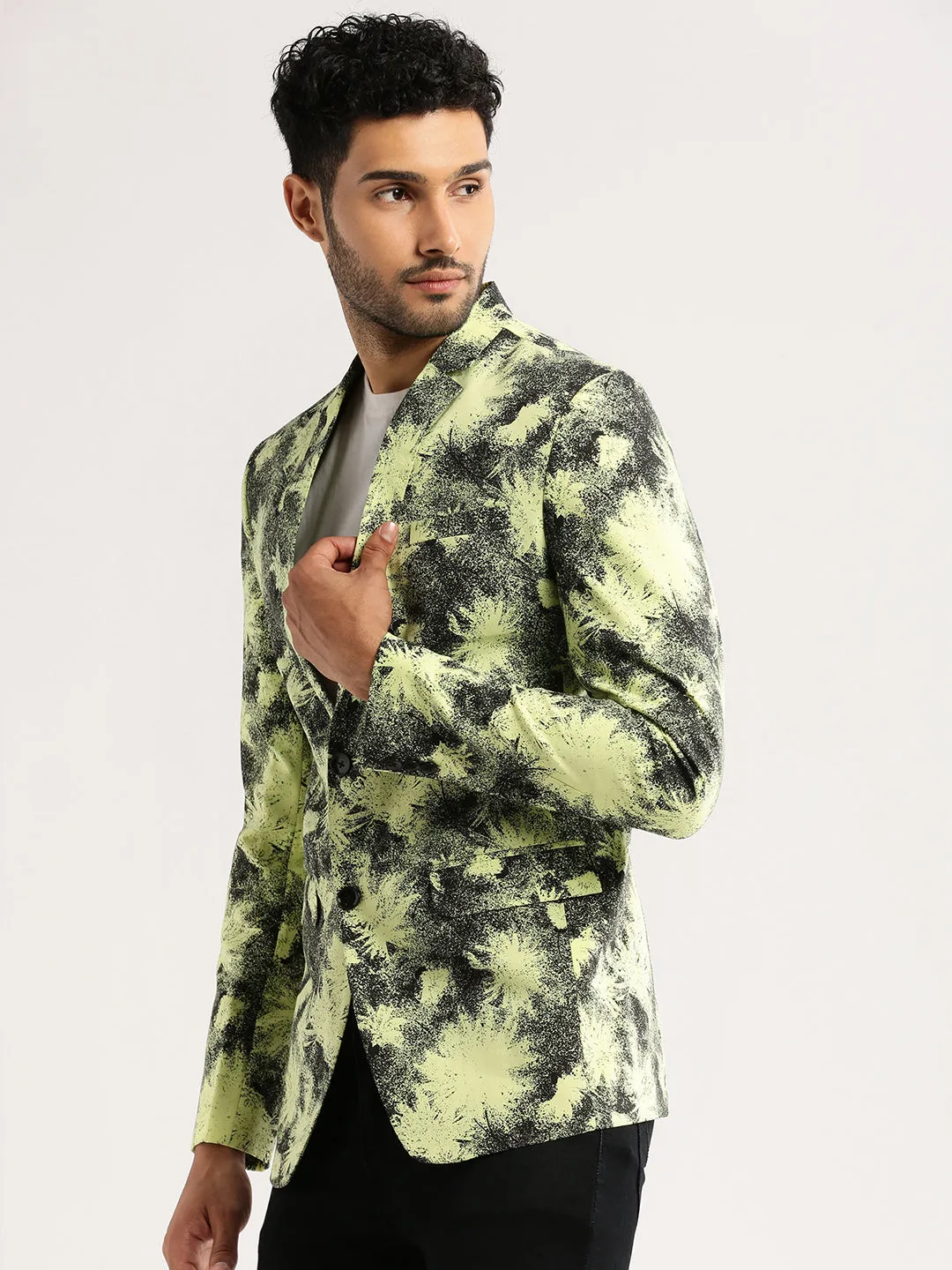 All Ground Men's Yellow Printed Notched Lapel Slim-Fit Single-Breasted Blazer