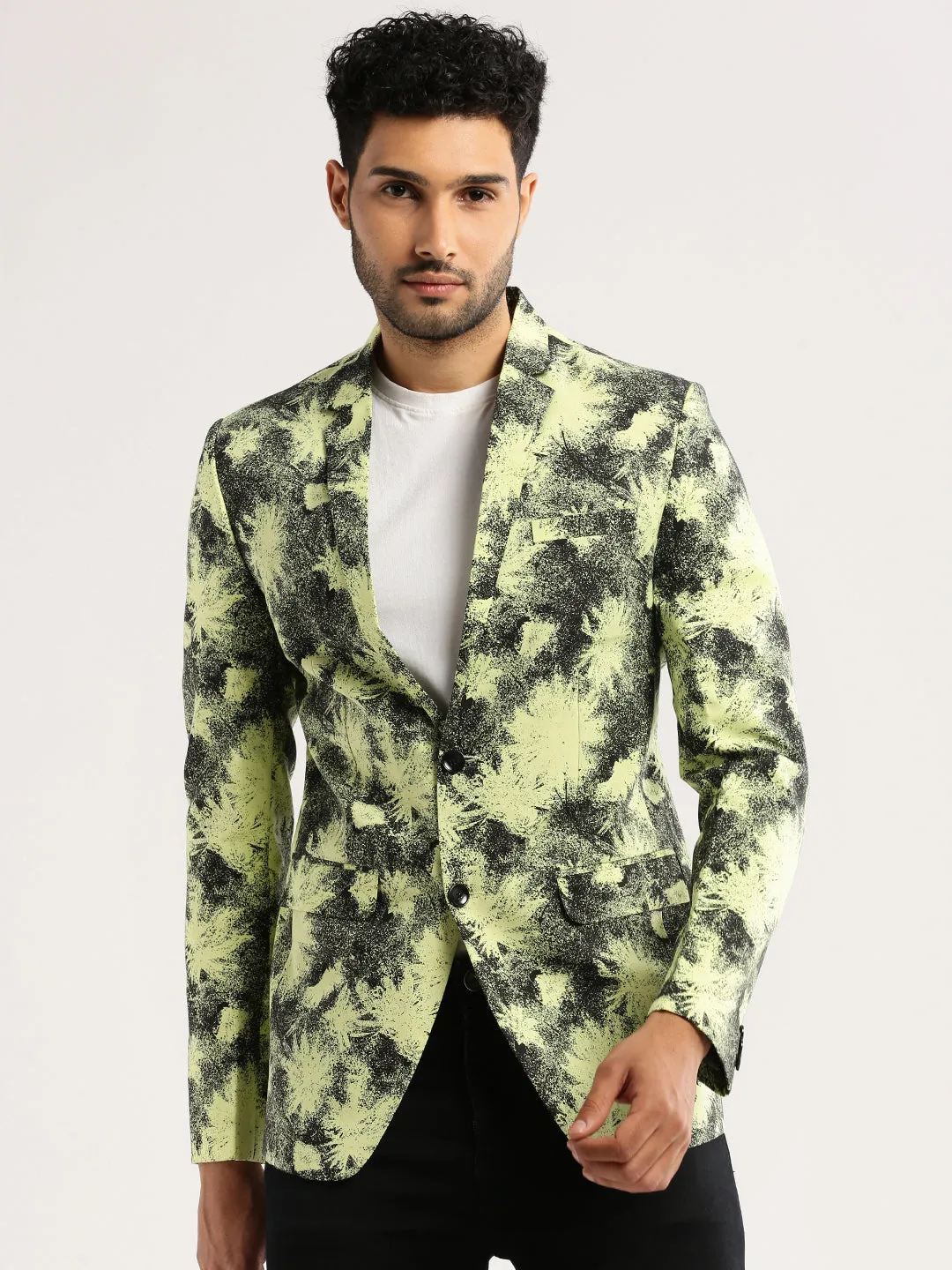 Travel Wardrobe Recycled materials Men's Yellow Printed Notched Lapel Slim-Fit Single-Breasted Blazer