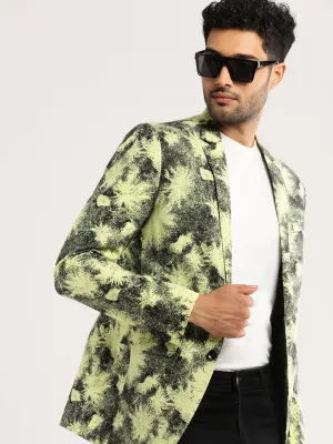 Men's Yellow Printed Notched Lapel Slim-Fit Single-Breasted Blazer Durable AbrasionResistant Panels