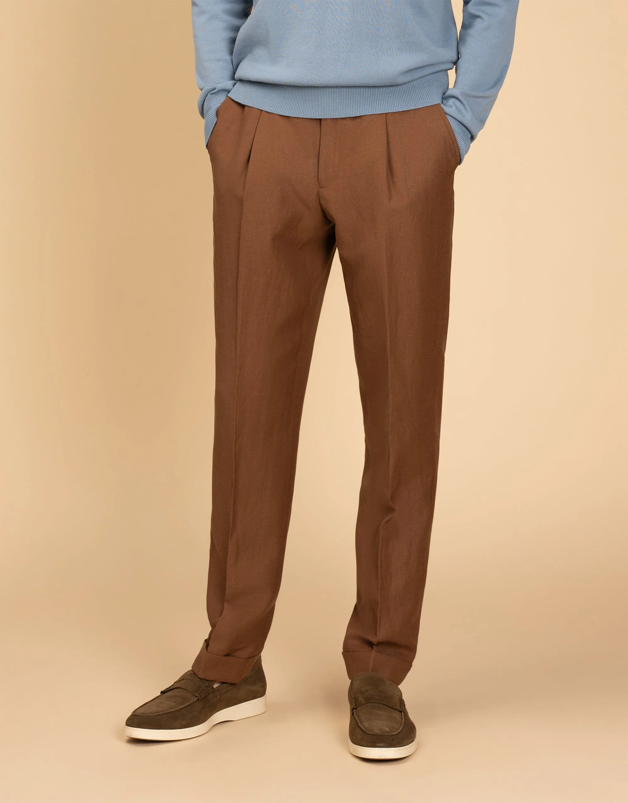 Evans Tobacco Linen Blend Twill Trouser Comfy Ease