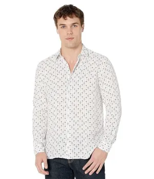 wrinkle free Serge Blanco Shirt Men's  White Aztec Print 100% Linen Long Sleeve JDM1206