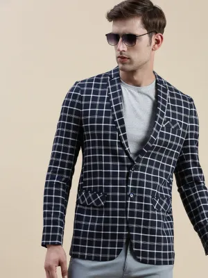 Men's Navy Blue Checked Slim-Fit Single Breasted Casual Blazers Silicone Grip Trim Durable Double Stitching