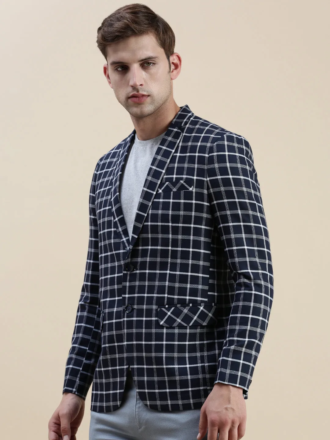 Men's Navy Blue Checked Slim-Fit Single Breasted Casual Blazers Comfort Stretch Fabric