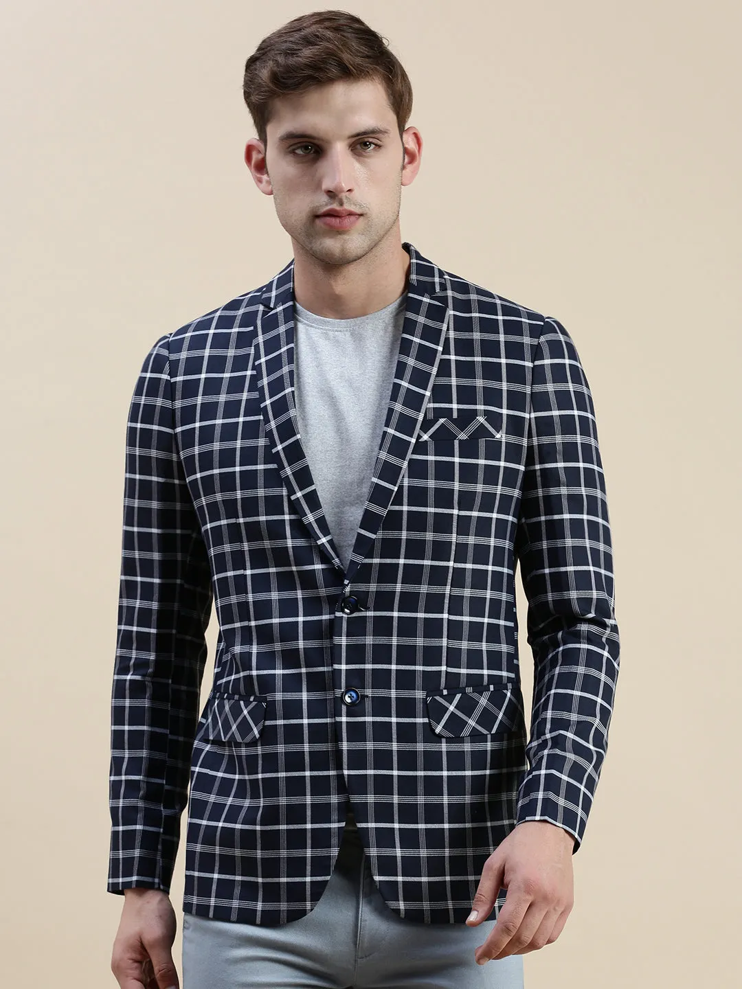 Reinforced Shoulder Padding Men's Navy Blue Checked Slim-Fit Single Breasted Casual Blazers
