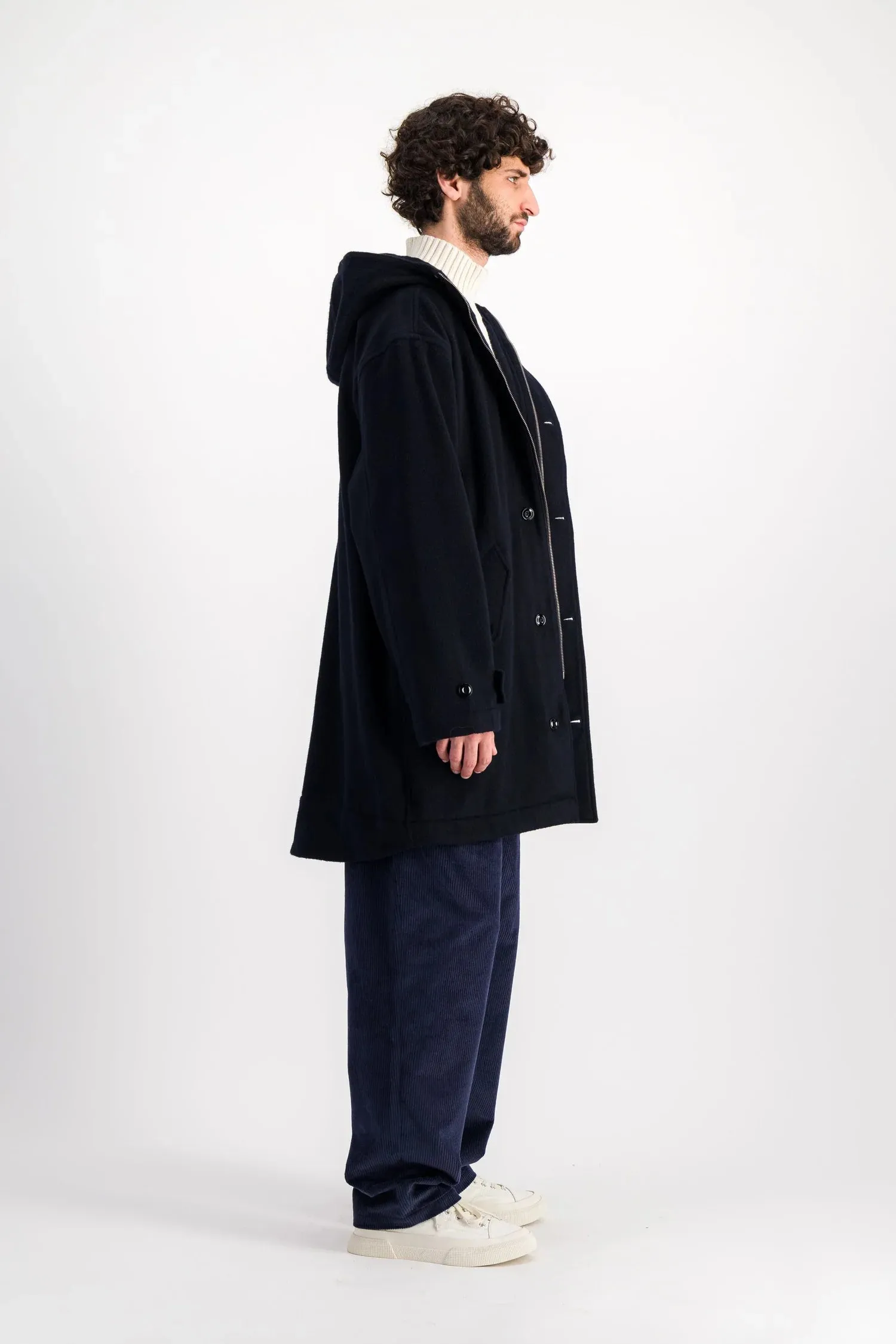 Wind Resistant Fringe Detail Parages Refuge Wool Coat Navy