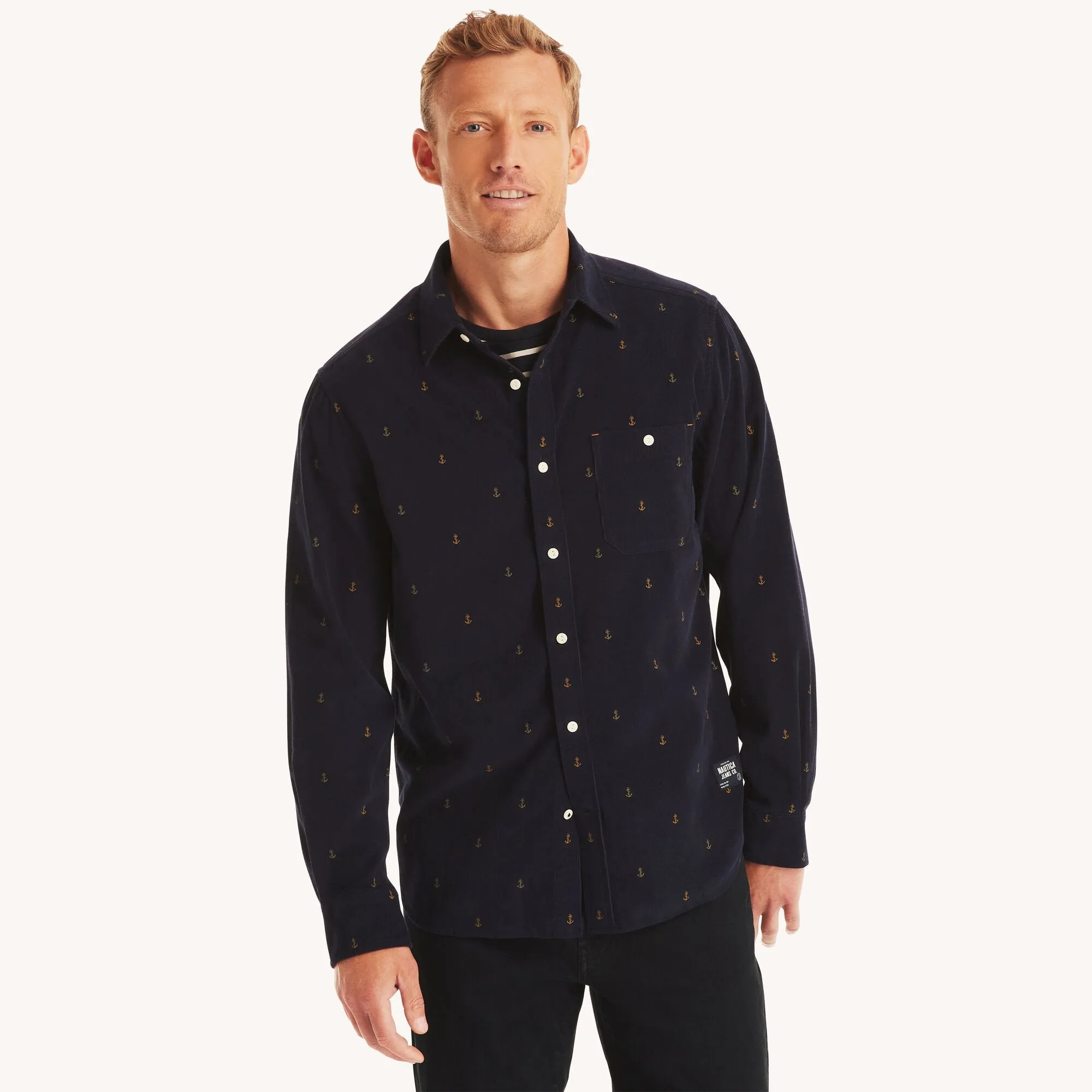 Loose style Flexible Placket Structure Nautica Mens Corduroy Printed Shirt