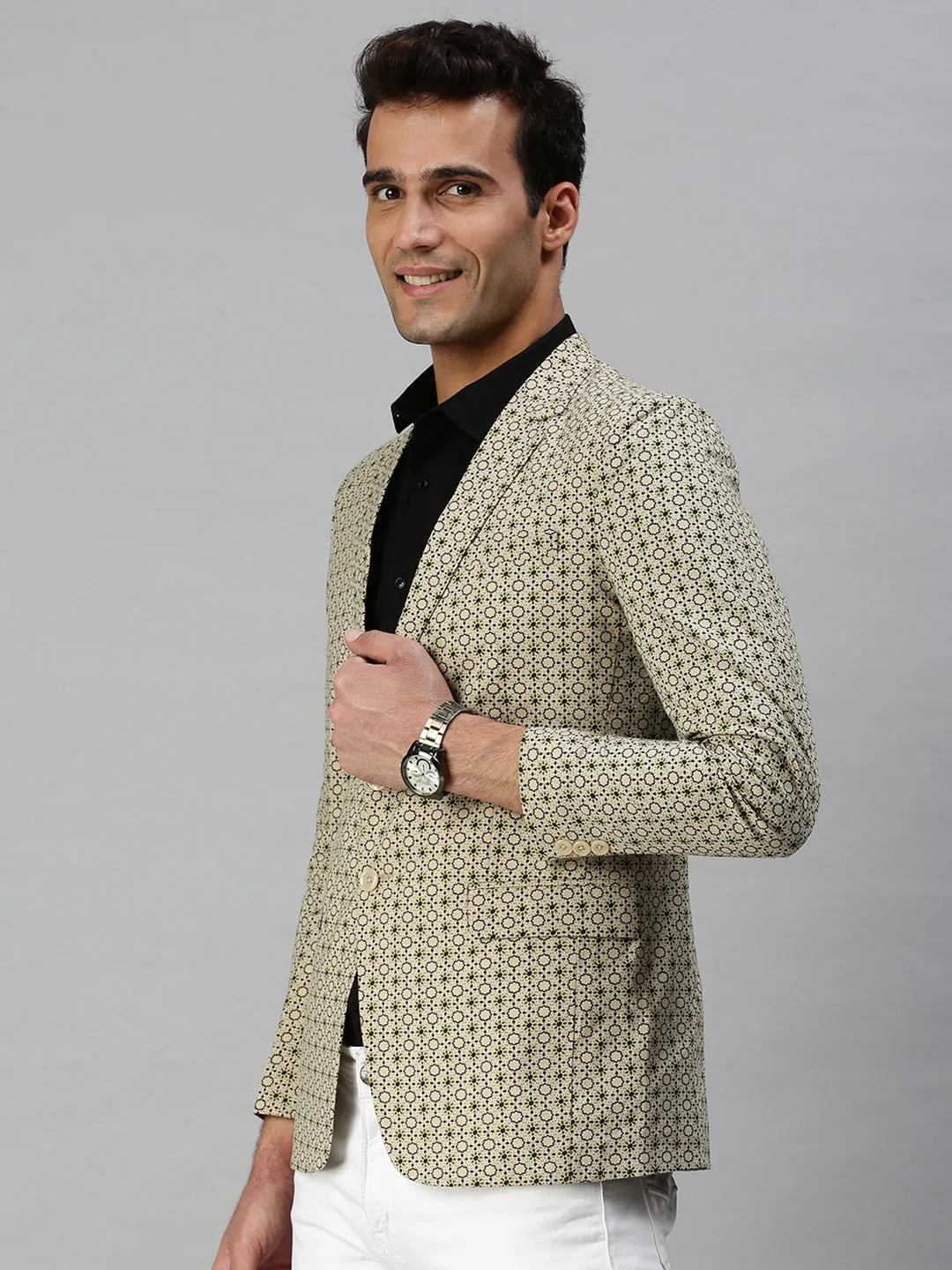 Full Length Zipper Closure All Seasons Men's Beige Printed Slim-Fit Single-Breasted Blazer