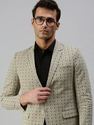 Men's Beige Printed Slim-Fit Single-Breasted Blazer Effortless Travel Wear Adjustable hood design