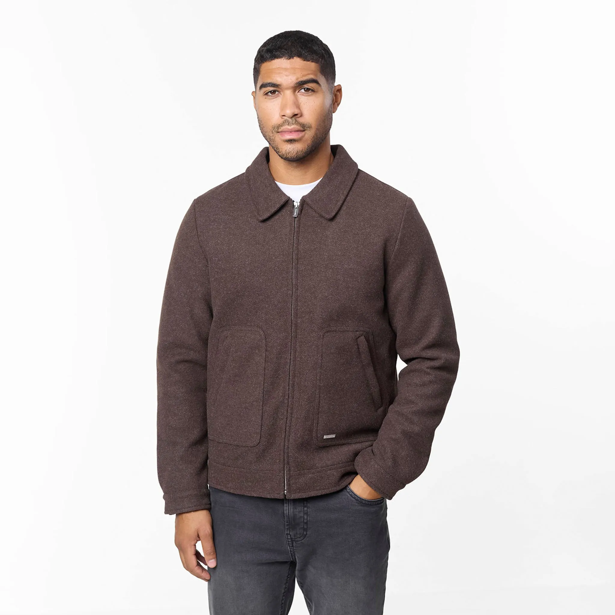 Smart Zip Through Wool Jacket | Brown Full Zip Closure