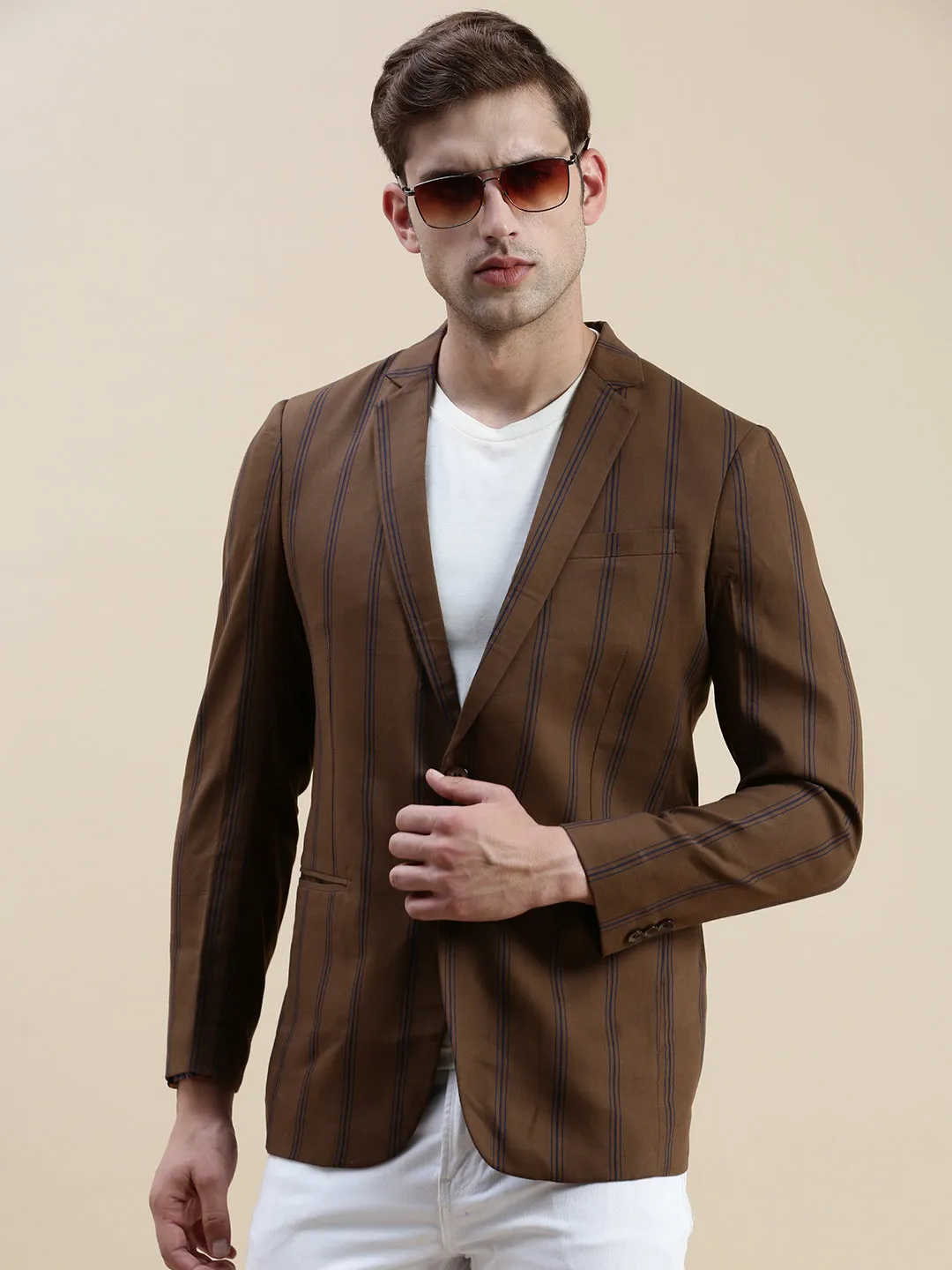 Men's Brown Notched Lapel Striped Single-Breasted Blazer Tear Resistant Fabric