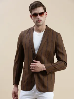 Men's Brown Notched Lapel Striped Single-Breasted Blazer Tear Resistant Fabric