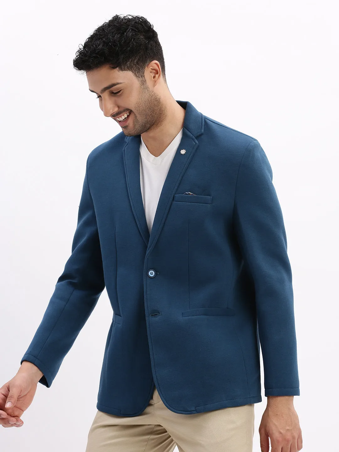 Men's Teal Solid Single Breasted Blazer On The Go
