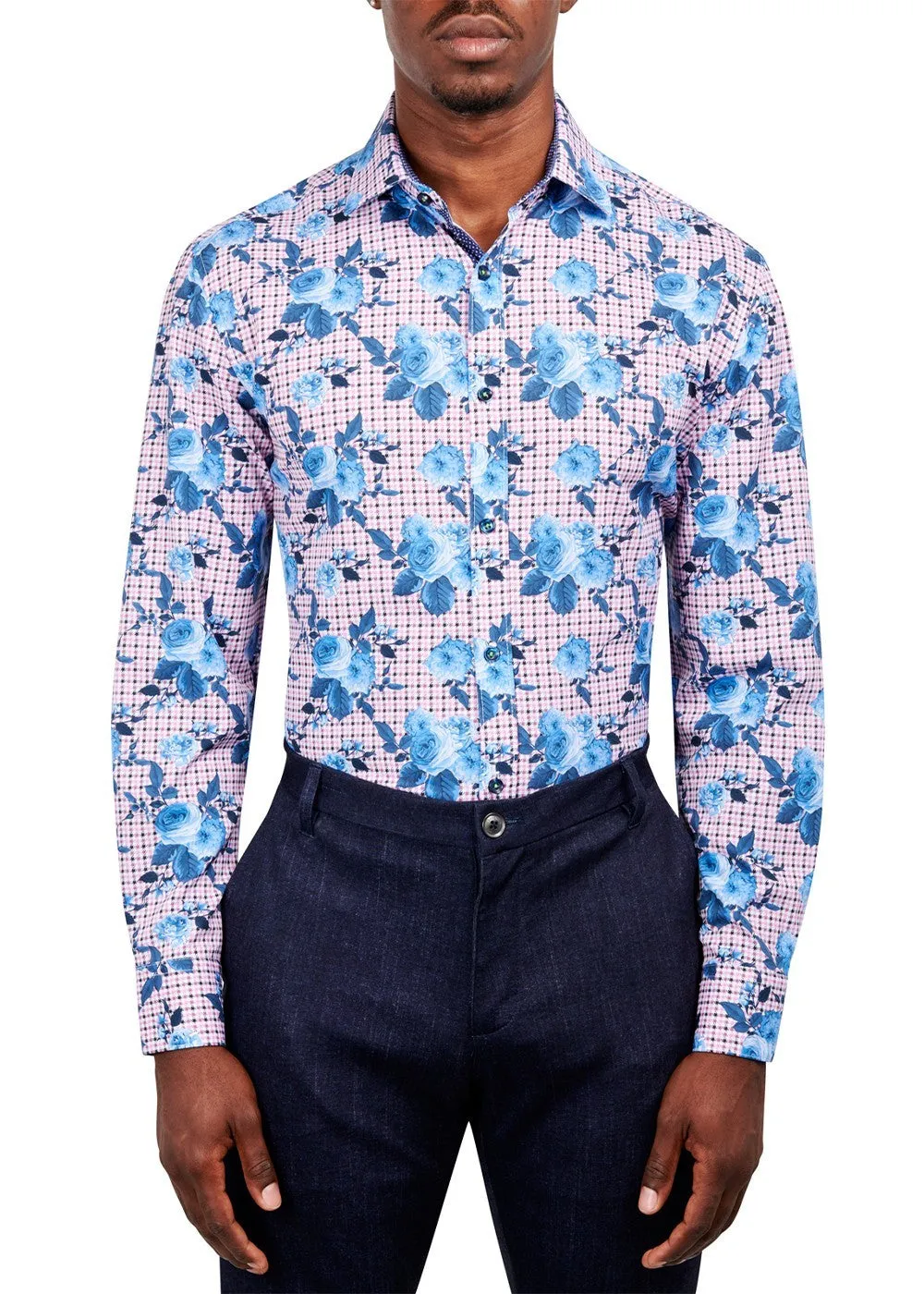 Bold Prints Minimalist Design Society of Threads Dress Shirt Men's  Pink Floral Stretch Slim Fit FTS316