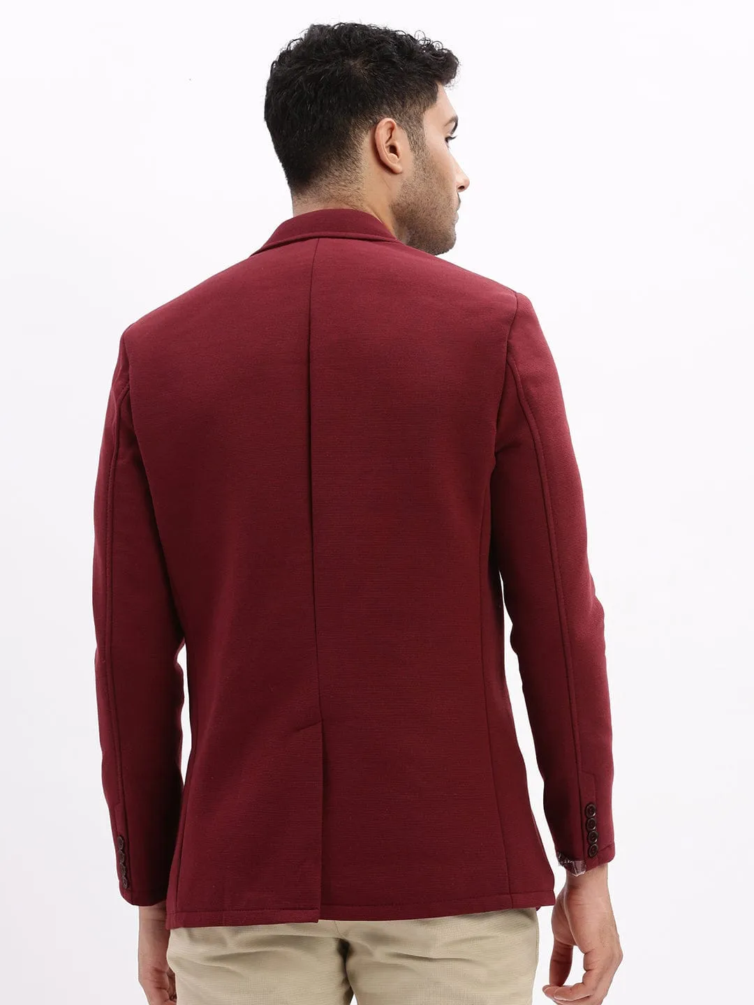 Lined Pockets Men's Maroon Slim-Fit Single Breasted Notched Lapel Collar Cotton Casual Blazer