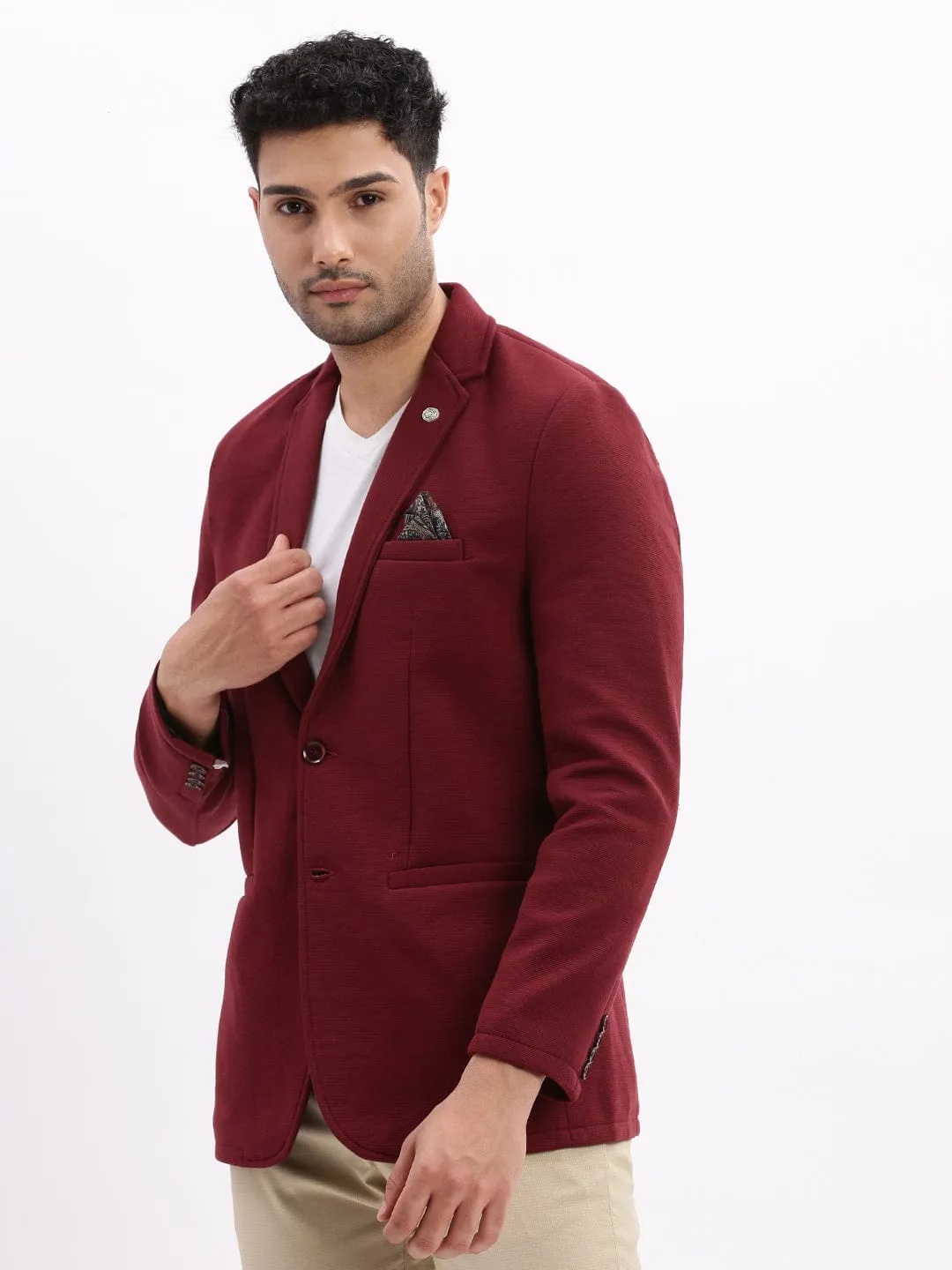 Men's Maroon Slim-Fit Single Breasted Notched Lapel Collar Cotton Casual Blazer TearResistant Reinforcements Soft touch finish