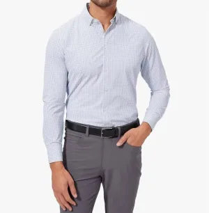 Flatlock stitching Roomy Cut Leeward Dress Shirt - Trim Fit In Light Blue Navy Mini Grid