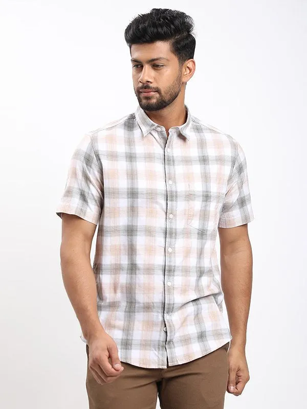 Workwear Casual Men Checked Half Sleeve Cotton Shirt