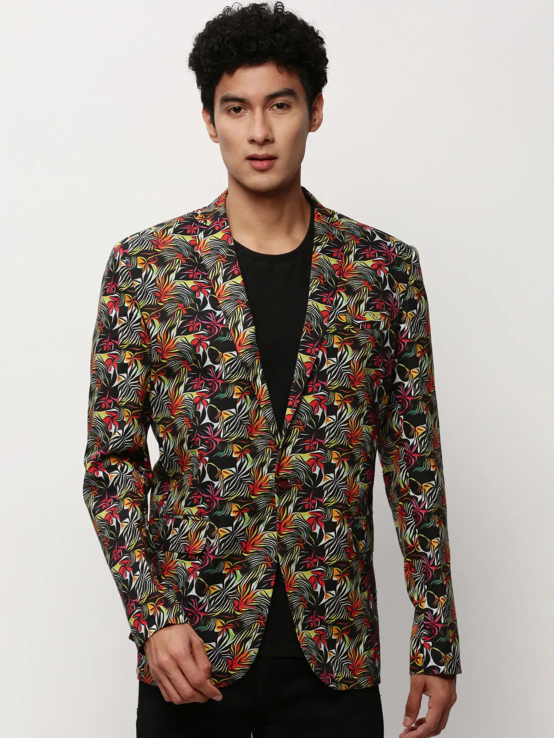 Men's Black Abstract Printed Slim Fit Single-Breasted Cotton Blazer Cold Climate Slim Silhouette