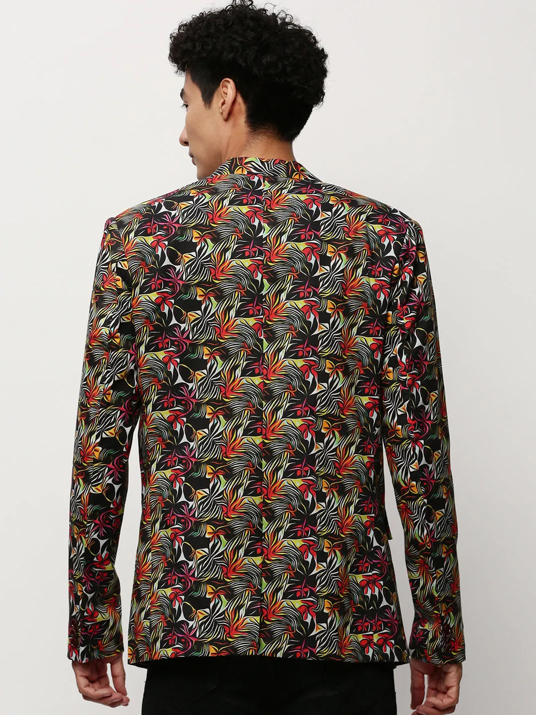 Men's Black Abstract Printed Slim Fit Single-Breasted Cotton Blazer Eco Certified Textiles abrasion resistant coating