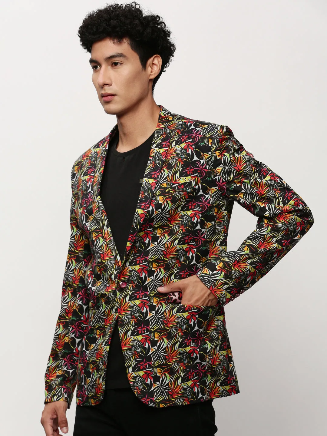 Men's Black Abstract Printed Slim Fit Single-Breasted Cotton Blazer Adjustable Cuff