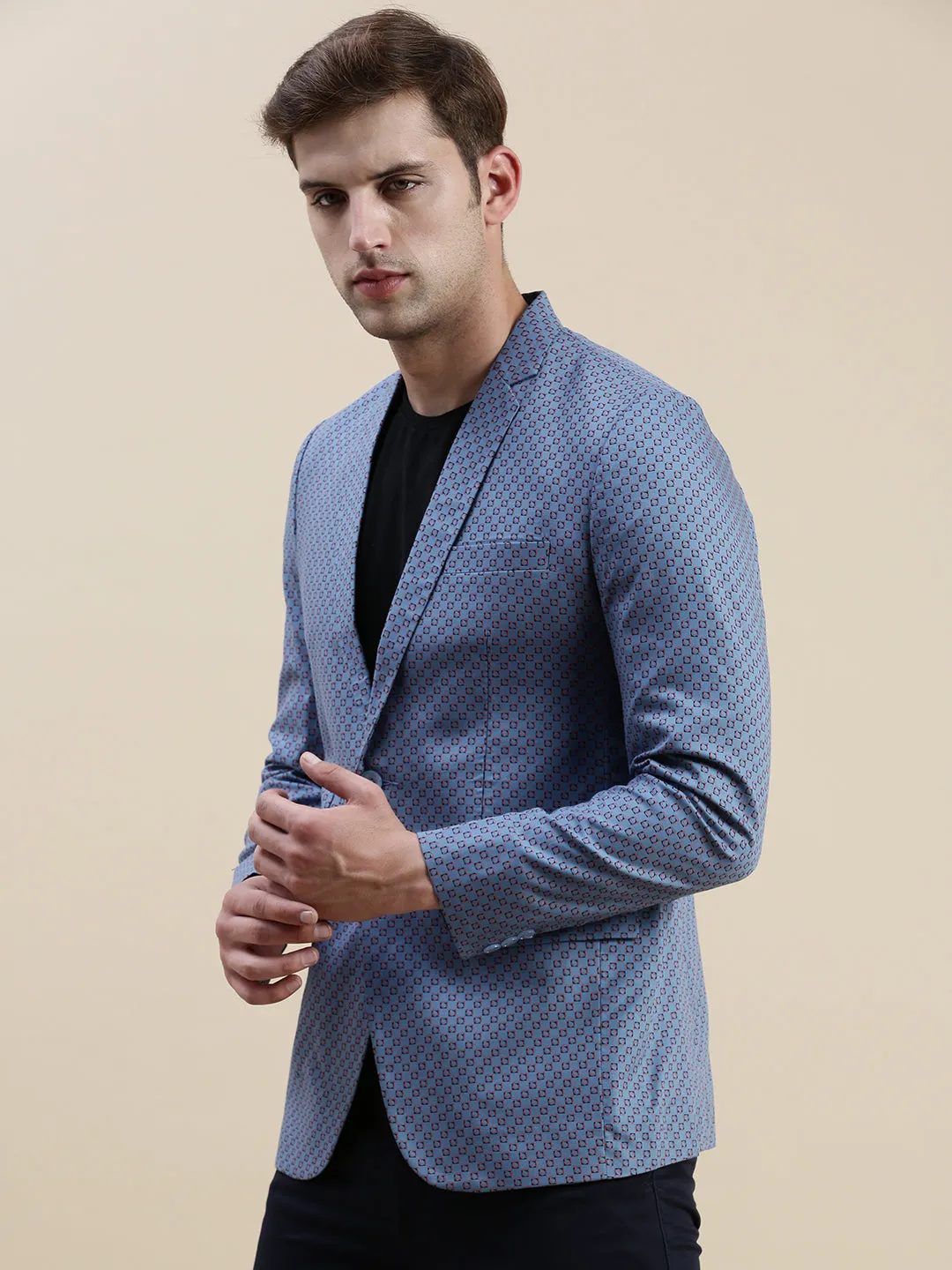 Recycled Material Blend Men's Blue Printed Notched Lapel Blazers