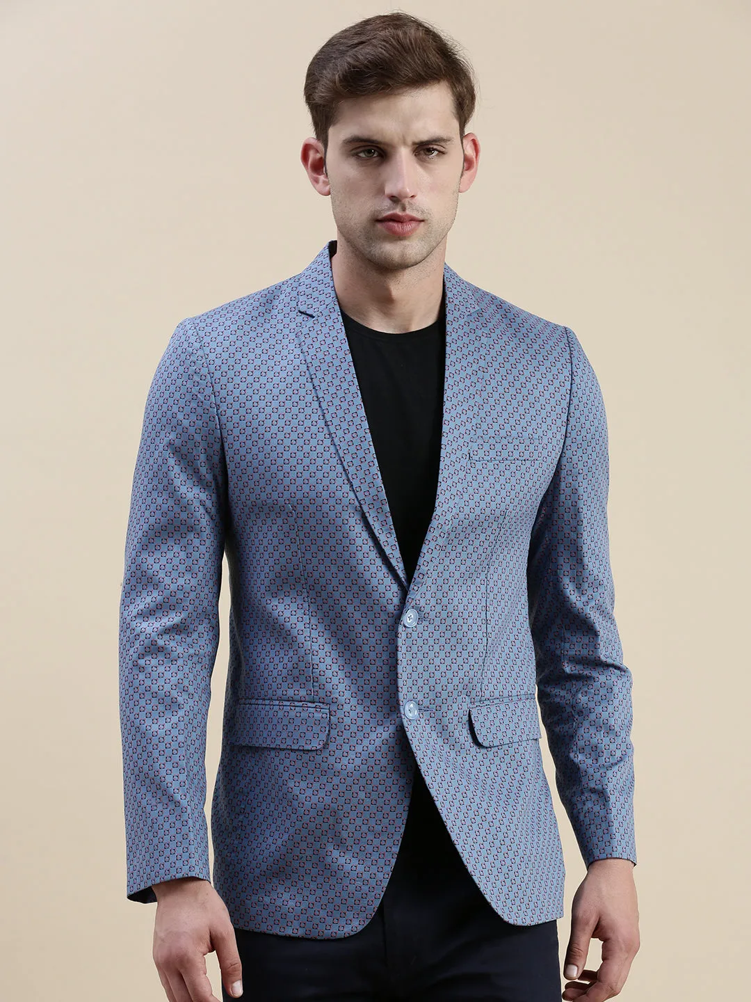 Softshell Material Men's Blue Printed Notched Lapel Blazers