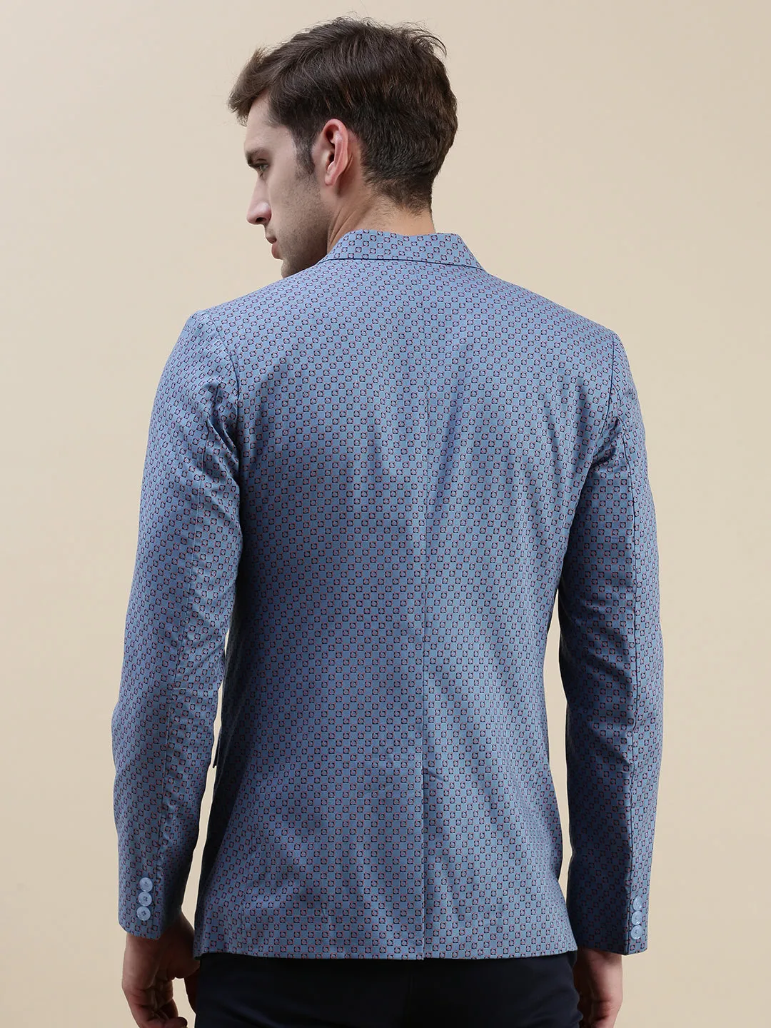 Men's Blue Printed Notched Lapel Blazers FoldableStorageCapability Heat Tech Fabric